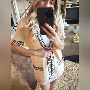 Small St. John excellent condition Cream Cardigan with Black Geometric Trim